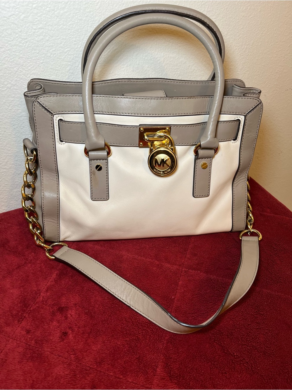 Michael Kors White and Gray Leather Satchel with Gold MK Medallion